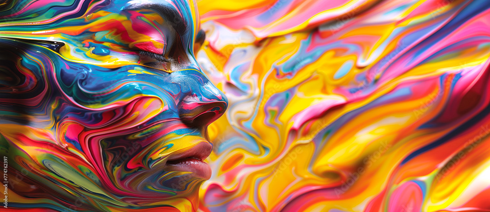 Vibrant abstract art with colorful swirls on a female silhouette, dynamic paint pattern profile