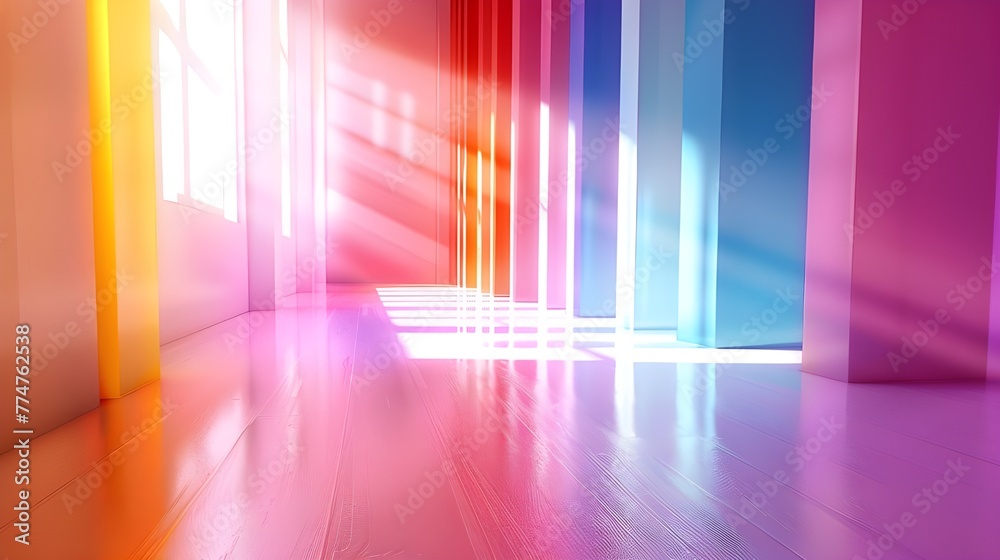  Bright, colorful light shining through a wall in an empty room