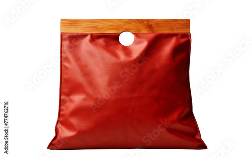 A vibrant red bag with a polished wooden handle stands out against a clean white background
