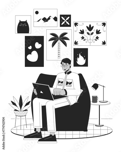 Work comfortable black and white line illustration. Arab web developer sitting in beanbag chair 2D lineart character isolated. Home office coziness monochrome scene vector outline image