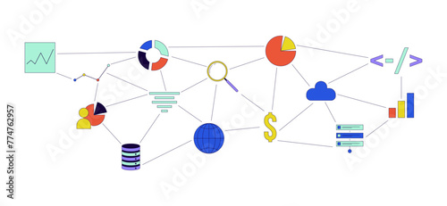 Analytics database management 2D linear cartoon object. Programming, chart graph, cloud technology isolated line vector element white background. Connected data analysis color flat spot illustration