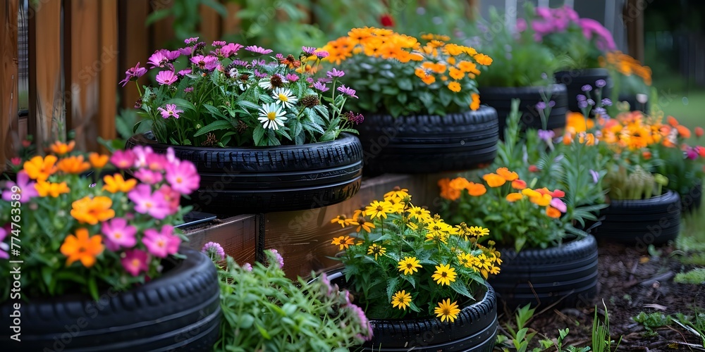 Blooming Flowers in Sustainable Garden: Upcycled Tire Planters Showcase Creative Reuse. Concept Blooming Flowers, Sustainable Garden, Upcycled Tire Planters, Creative Reuse, Eco-friendly Gardening