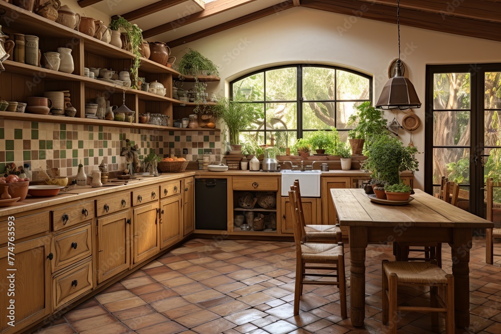 Earth Tone Ceramic Tiles: Cozy Atmosphere in Warm Spacious Farmhouse Kitchen