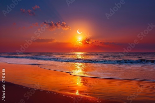 A total solar eclipse with the sun view from the beach at sunset Concept of people weather science and space, solar system atmosphere