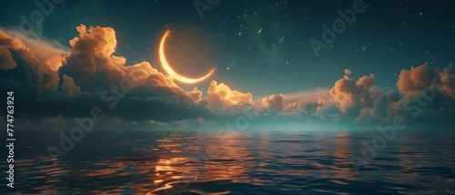 crescent moon, stars, and glowing clouds above a serene sea that reflects the colors of Ramadan Kareem.