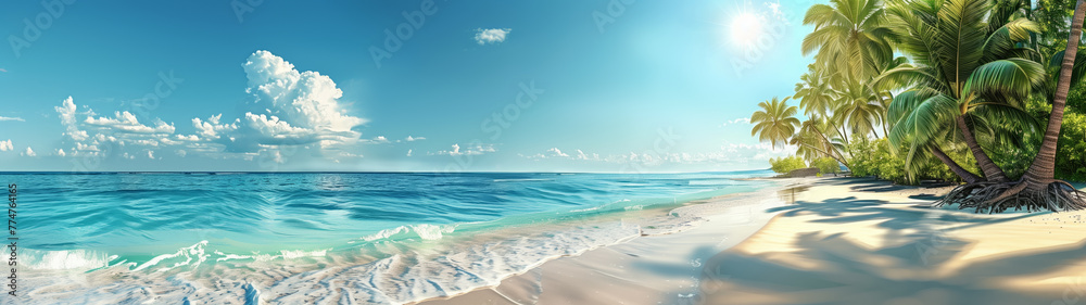 Beautiful tropical beach with white sand and palm trees under the bright sun on a blue sky. Banner. Copy space.