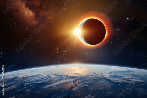 Luna eclipse in space planet Earth and the bright sun panoramic concept showing the moon science and space, solar system atmosphere