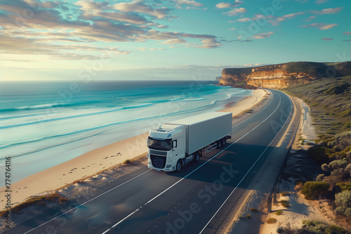 A delivery truck drives along an oceanside road on a summer evening. Bird's-eye. photo