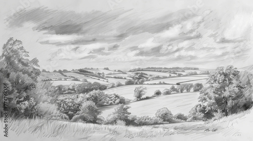 Pencil drawing of English countryside 