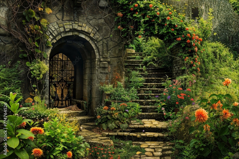Fototapeta premium Secret garden pathway with ornate gate