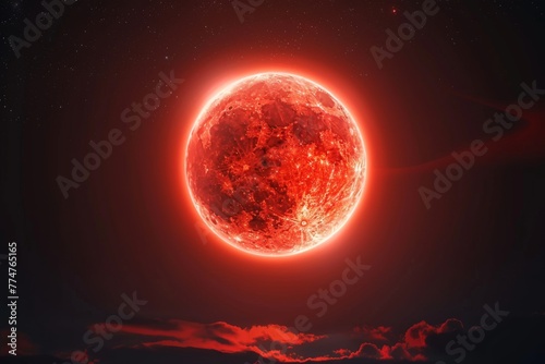 Red super moon glowing with blue halo isolated on black background