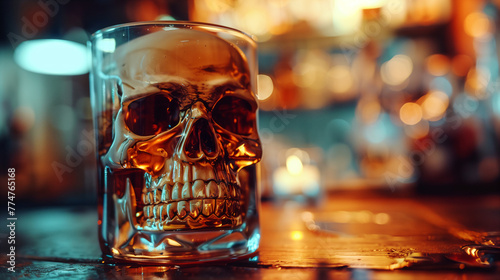 Skull in a glass symbolizing death by alcoholism.