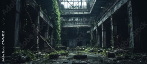 Dimly lit room with an abundance of green plants growing and climbing on the walls creating a lush botanical environment