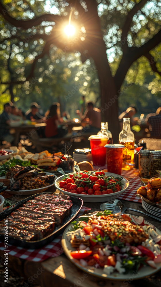 The golden hour sunlight filters through the trees, highlighting a picnic spread that awaits as laughter and conversation fill the air in this quintessential summer scene.