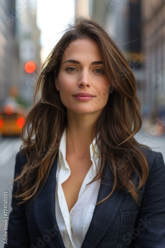 Business Portrait,  a professional female businesswoman, elegantly dressed in business attire, set against a blurry city street backdrop, © ChubbyCat