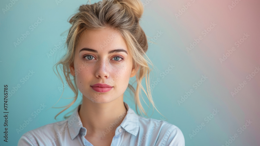 Portrait of a young woman dressed in casual attire, set against a soft pastel-colored backdrop that suggests a relaxed and informal atmosphere. Portrait of a young woman dressed in casual attire, set against a soft pastel-colored backdrop that suggests a relaxed and informal atmosphere.