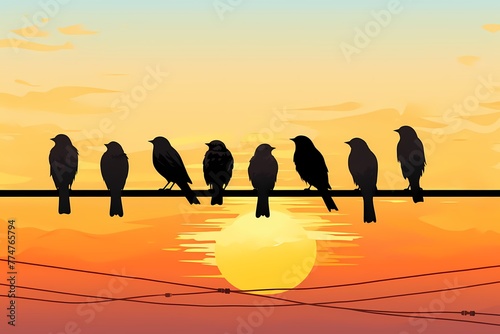 A group of cheerful birds perched on a wire against a sunset sky, isolated on white solid background