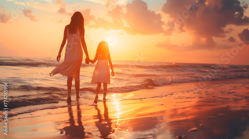 Mother and child walking on beach at sunset, bonding time.