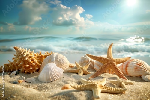 summer beach shore with starfish and seashell in sea water. Summer holidays illustration - sea inhabitants on a tropical exotic beach sand against a sunny seascape. 