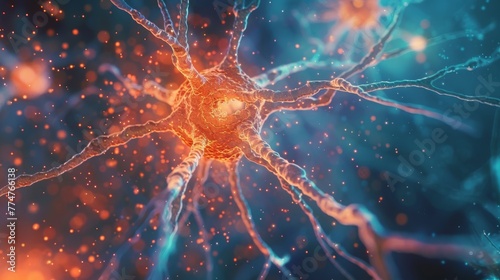 A high-resolution image of a neuron cell with glowing orange synapses on a dark blue background.