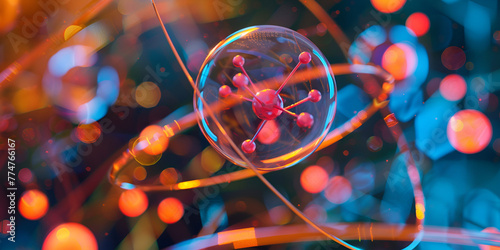 Close-up of crystal ball on colorful bokeh background. Empty Dark Futuristic Sci Fi Big Hall Room With Lights And Circle Shaped Neon Light. Dark neon background. 