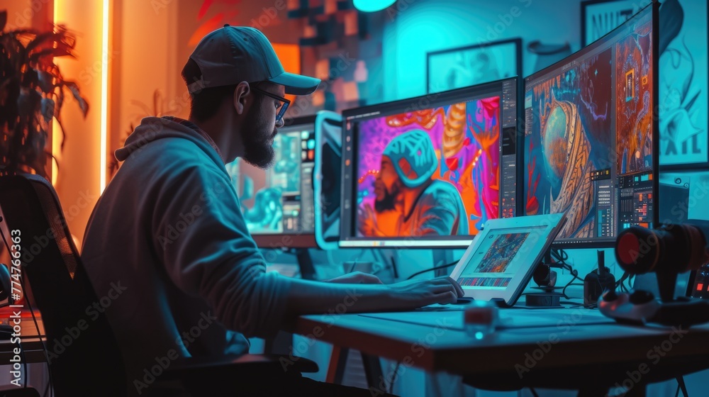 A creative professional is deeply focused on editing visual media on a computer, surrounded by a vibrant and artistic workspace. AIG41