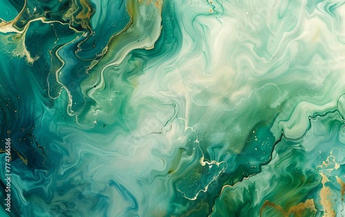 A painting of a green and gold swirl with a blue background
