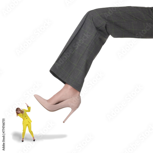 Giant stepping onto small woman on white background