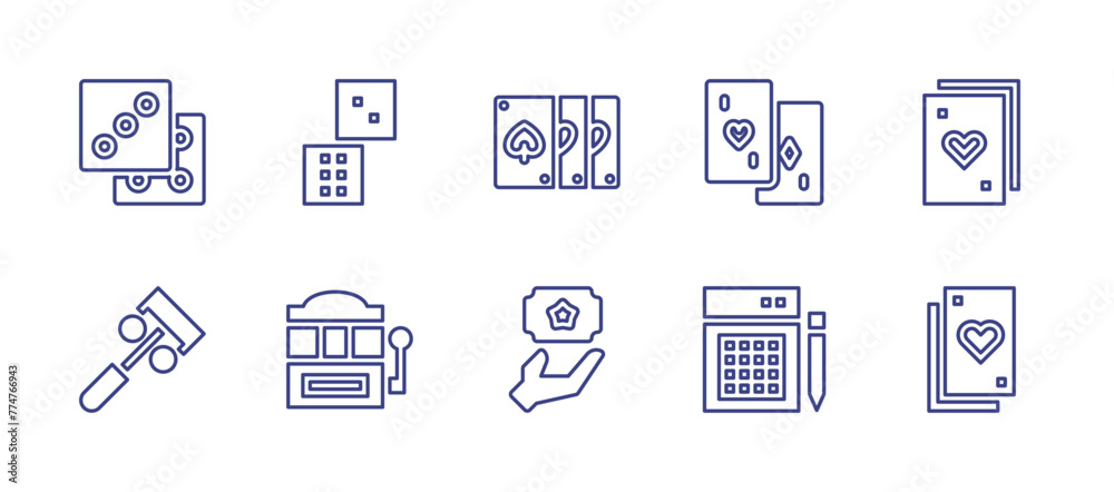 Betting line icon set. Editable stroke. Vector illustration. Containing slot machine, dices, poker cards, cards, lotto, lottery, dice, roulette.