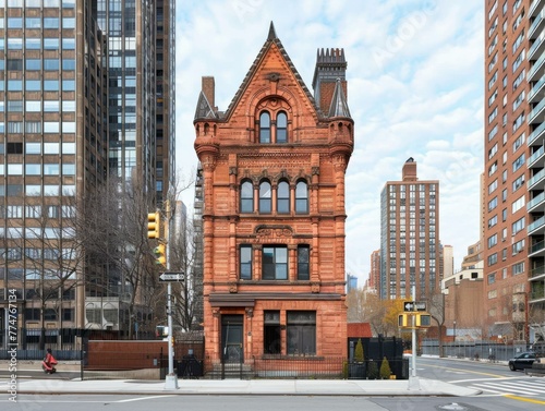 A tall brick building on a city street corner with a clock tower. Generative AI.