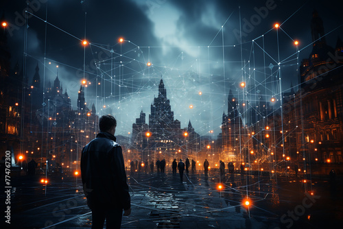 A man observes a network of connected light points overlaying a rainy, neo-gothic cityscape at night. photo