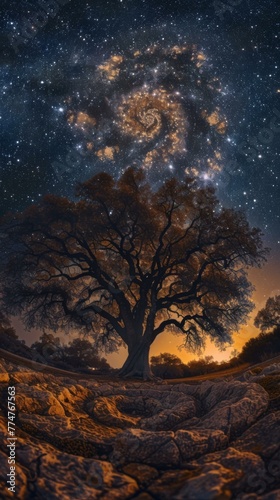 A tree in the middle of a field with a galaxy in the background. Generative AI.