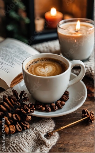 A warm coffee cup on wooden table near candle with cozy winter.