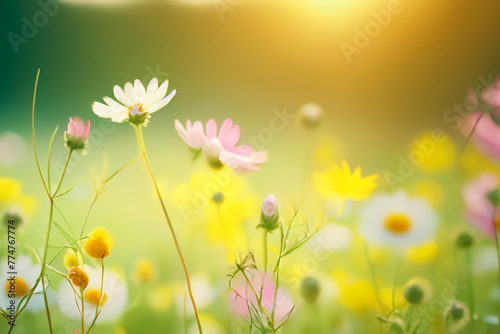  A warm sunrise bathes a field of wildflowers in a golden glow