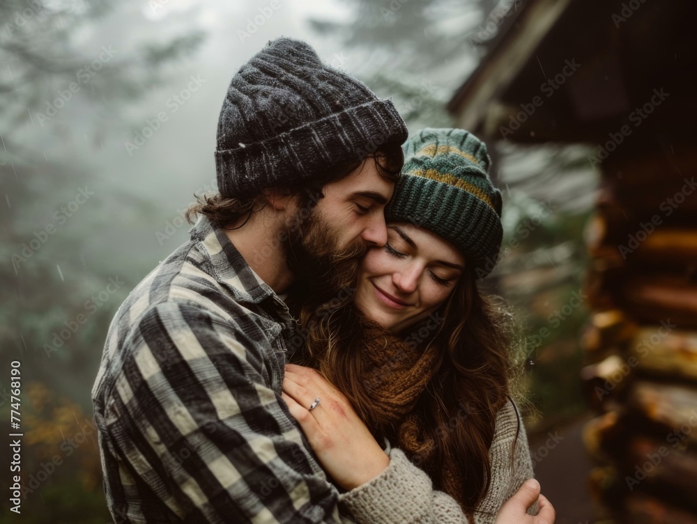 Fototapeta premium A man and woman hugging in the rain outside a cabin. Generative AI.