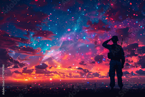Silhouette of a soldier saluting against a cosmic sky, representing honor and the vastness of service. photo