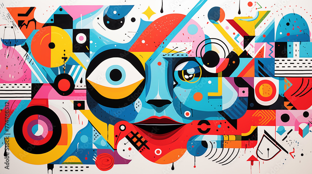 Obraz premium Eclectic abstract painting background image. Surreal elements and vivid colors flat colorful illustration backdrop horizontal. Whimsical face playful illustration wallpaper art concept