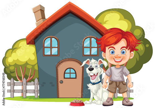 Smiling boy with pet dog in front of house