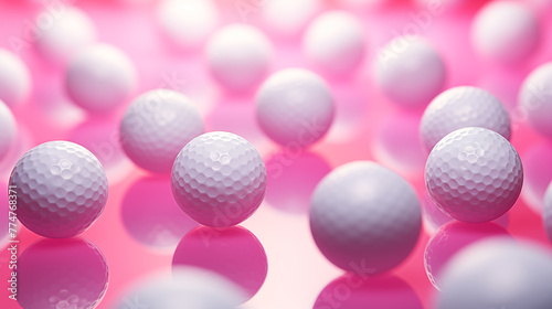 White golf balls cast shadows on reflective pink surface 3d rendering image. Softly lit golfballs background wallpaper colorful realistic. Golfclub concept idea, backdrop horizontal