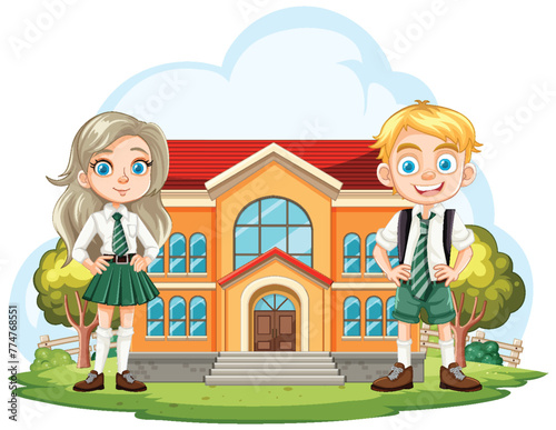 Two cartoon kids in uniform outside their school.