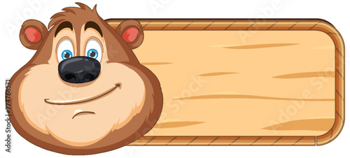Cartoon bear peeking over a wooden sign.