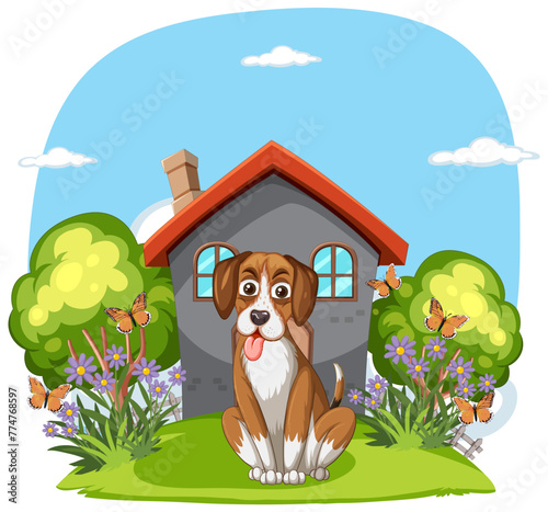 Cheerful dog sitting in a vibrant garden