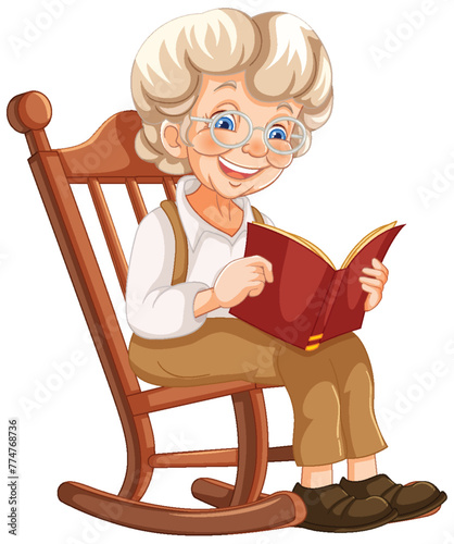 Elderly woman reading a book in rocking chair