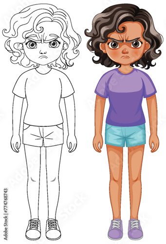 Color and outline of a cartoon girl looking angry