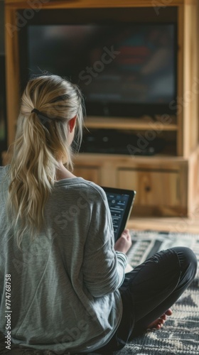 A woman sitting on the floor in front of a television. Generative AI.