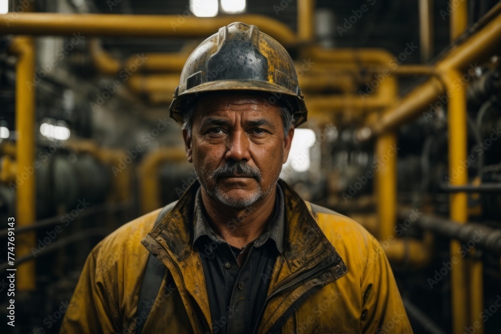 A man wearing a yellow jacket and a hard hat stands in front of a yellow pipe A man wearing a yellow jacket and a hard hat stands in front of a yellow pipe