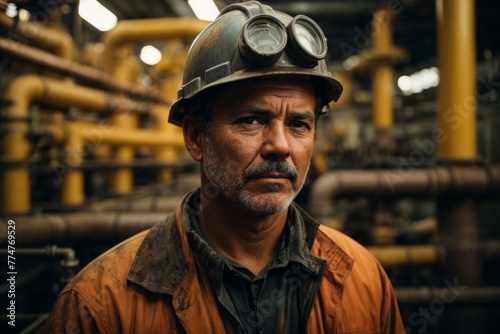 A man wearing a hard hat and goggles stands in front of a yellow pipe