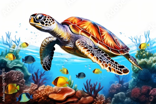 A joyful turtle swimming in crystal-clear water, surrounded by coral reefs, isolated on white solid background