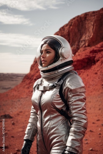 A woman in a silver spacesuit stands on a red rocky surface © liliyabatyrova