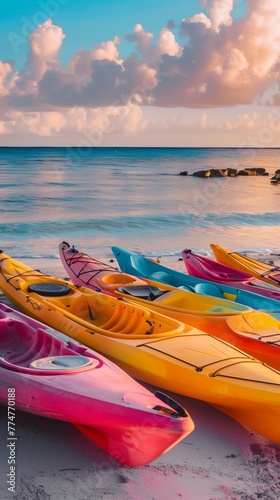 colorful kayaks on beach at sunset with calm sea and beautiful sky